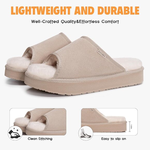 Women's Suede Slippers with Fuzzy Lined Open Toe Slide Sandals-Non-Slip Indoor/O - Picture 3 of 6